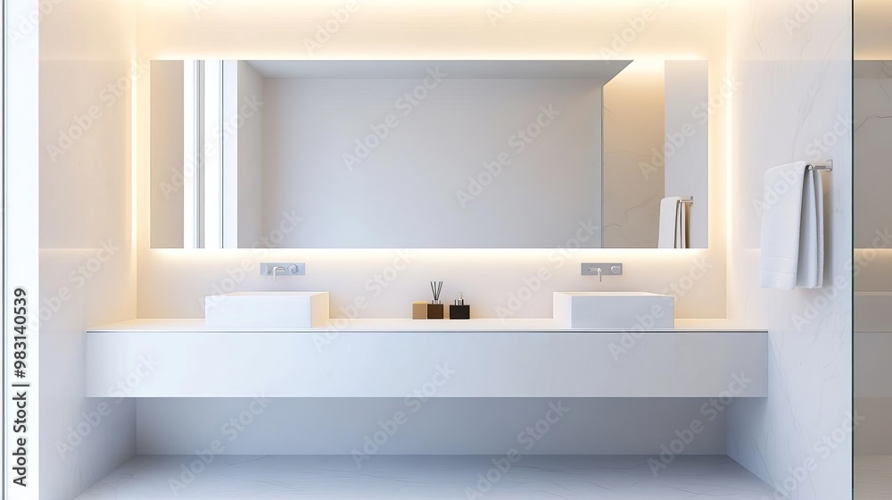 Fototapeta premium Minimalist bathroom with large frameless mirrors, neutral stone walls, minimalist bathroom, contemporary, open design