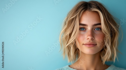 A woman with a warm smile and natural beauty stands against a soft blue backdrop, creating an effortless and refreshing portrayal infused with clarity and calm.