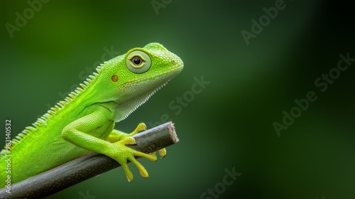  A tight shot of a green lizard perched on a branch against a softly blurred background