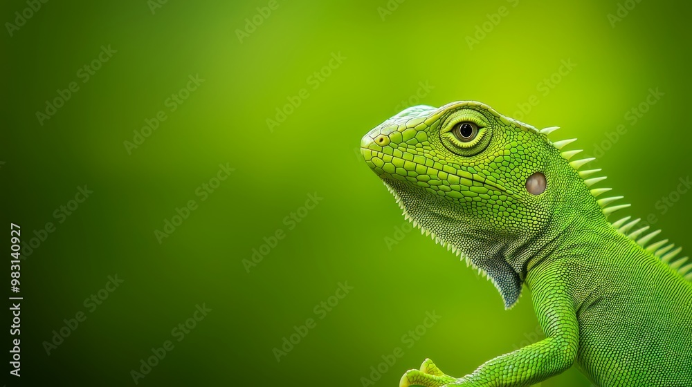 A tight shot of a green iguana perched on a branch against a softly blurred background A tight shot of a green iguana perched on a branch against a softly blurred background