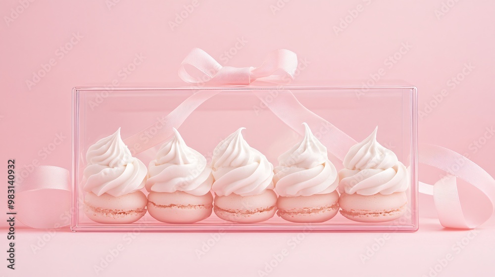 Delicate meringues in a crystal-clear gift box with ribbon, isolated on a soft pink background Delicate meringues in a crystal-clear gift box with ribbon, isolated on a soft pink background
