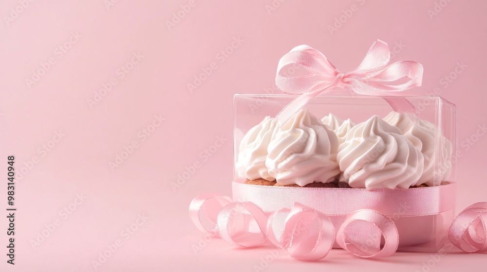 Delicate meringues in a crystal-clear gift box with ribbon, isolated on a soft pink background Delicate meringues in a crystal-clear gift box with ribbon, isolated on a soft pink background