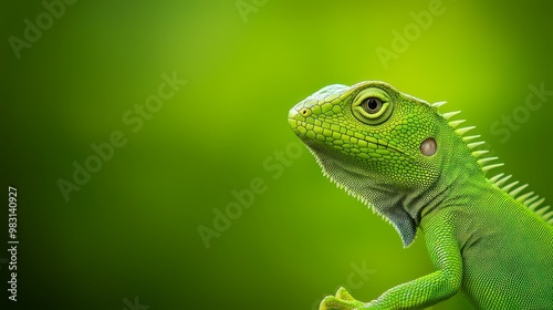  A tight shot of a green iguana perched on a branch against a softly blurred background