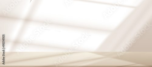 Background Beige Wall Studio with Shadow and Light on Surface Texture on floor,Spring Backdrop Empty Room with Podium Display and Top Shelf Bar for Product,Template Banner for Autumn collection