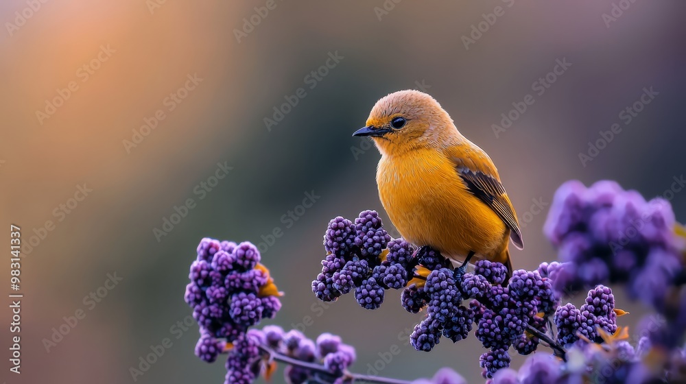Obraz premium A small yellow bird atop purple flowers against a blurred background