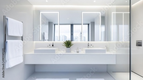 Minimalist bathroom with large frameless mirrors, neutral stone walls, minimalist bathroom, contemporary, open design