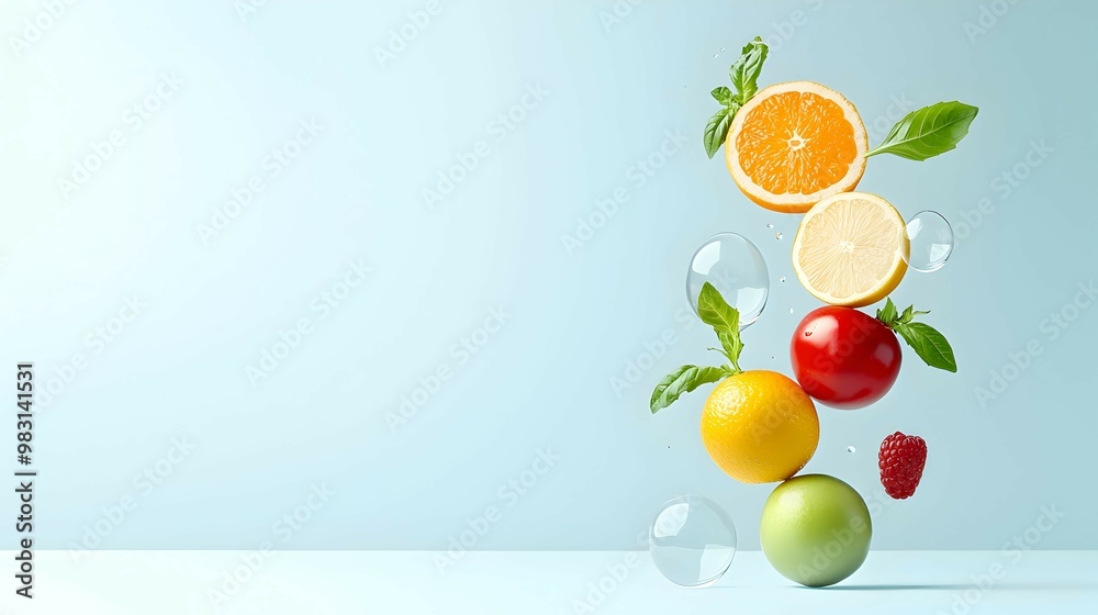 Fresh Fruit Splash with Bubbles and Copy Space Fresh Fruit Splash with Bubbles and Copy Space