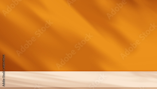Autumn background,Fall Studio Orange wall,Podium Display with Shadow Leaves on Beige Stand,Backdrop Scene for Thanksgiving Advertising,Vector Template Platform banner for Product Sale,Promotion
