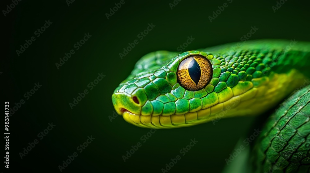 A tight shot of a green snake's head featuring a yellow iris in its central eye A tight shot of a green snake's head featuring a yellow iris in its central eye