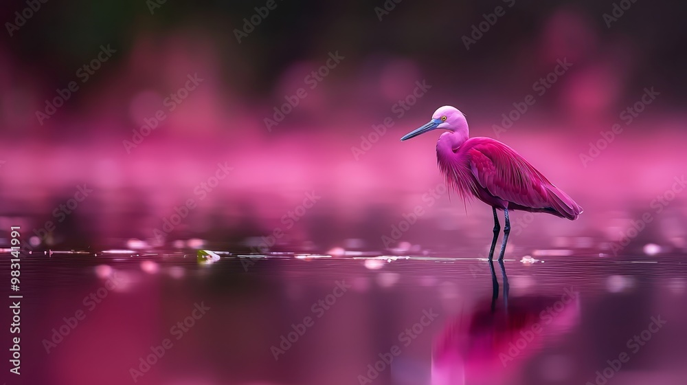 Obraz premium A pink bird with a lengthy beak stands in a body of water, backgrounded by a city skyline