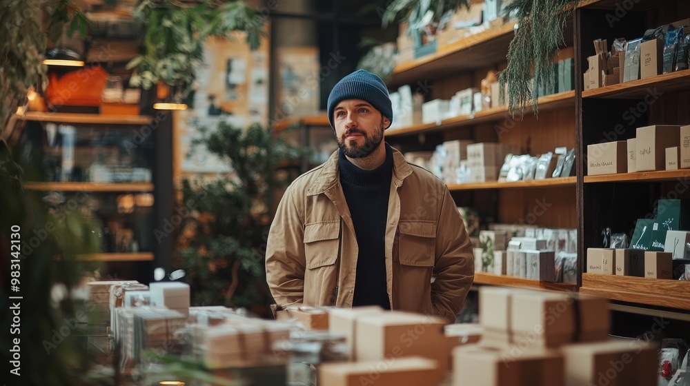 Trendy Young Man Shopping in Eco-friendly Store with Natural Decor Trendy Young Man Shopping in Eco-friendly Store with Natural Decor
