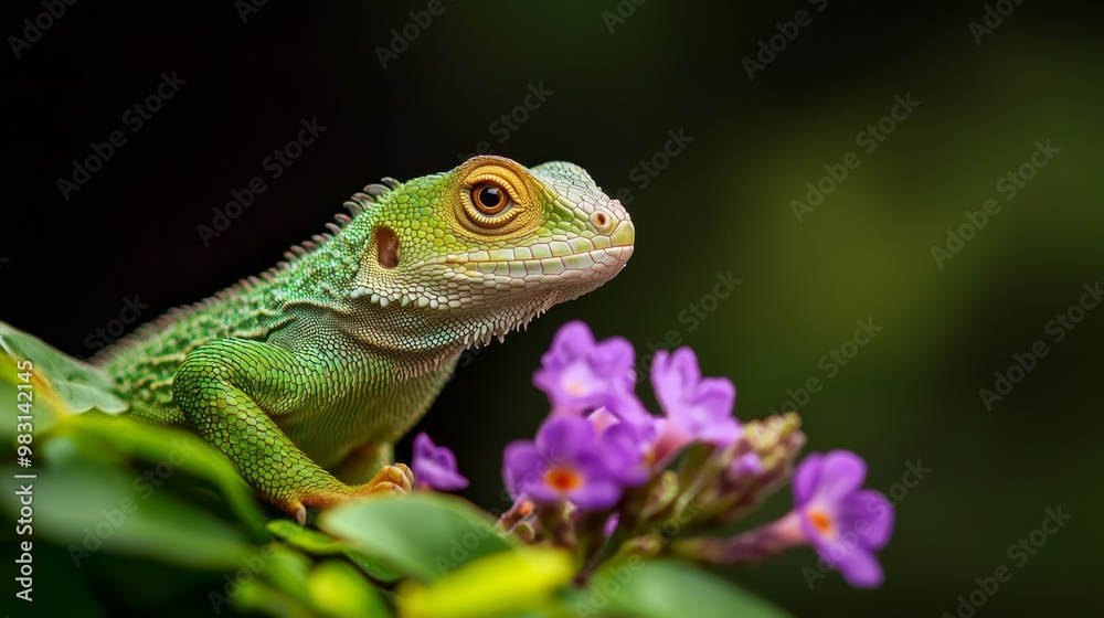 A tight shot of a lizard perched on a plant, with a flower bringing the foreground into focus, while the background softly blurs A tight shot of a lizard perched on a plant, with a flower bringing the foreground into focus, while the background softly blurs