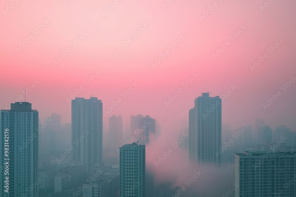 A city skyline shrouded in mist at dawn, featuring tall buildings against a pastel pink sky, creating a serene and atmospheric scene. A city skyline shrouded in mist at dawn, featuring tall buildings against a pastel pink sky, creating a serene and atmospheric scene.