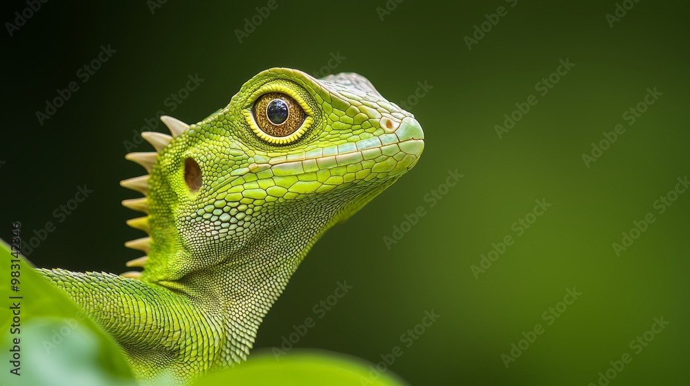 Obraz premium A tight shot of a green lizard's expressive face perched on a textured, green branch Background softly blurred