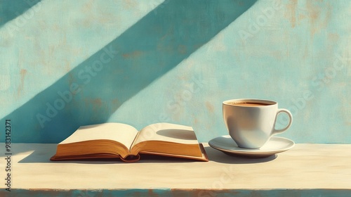 Morning Light, Open Book and Coffee Cup on Sunlit Table - Cozy and Peaceful Scene photo