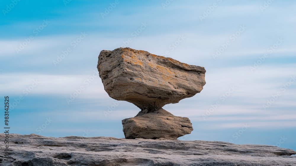 A rock precariously perched atop another on a rocky outcropping against a backdrop of blue sky A rock precariously perched atop another on a rocky outcropping against a backdrop of blue sky