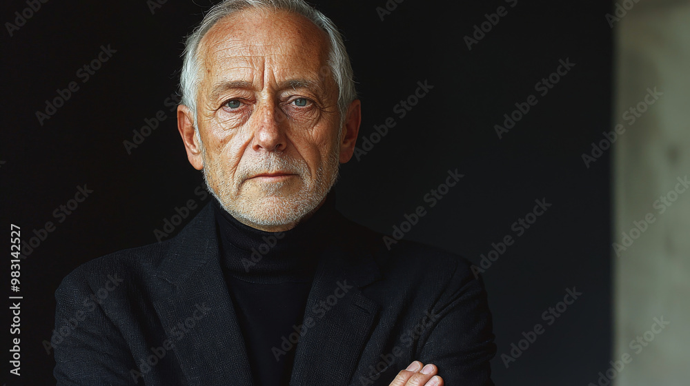 Obraz premium A senior man with white hair stares intensely at the camera.