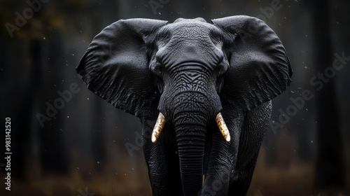  An elephant, boasting large tusks, stands before a dense forest teeming with trees and copious foliage