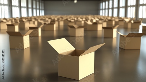 Open Cardboard Boxes in Spacious Empty Warehouse