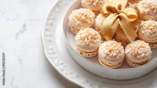 Gift box of coconut macaroons with a golden ribbon, isolated on a white porcelain plate