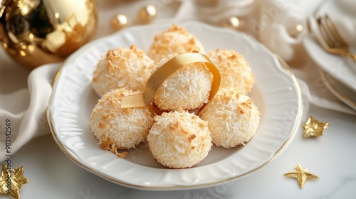 Gift box of coconut macaroons with a golden ribbon, isolated on a white porcelain plate