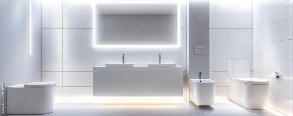 Minimalist bathroom with soft lighting, recessed lighting, and white tiles, minimalist bathroom, modern, sleek design