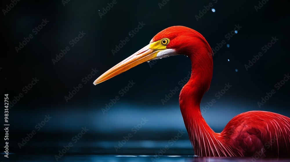 Fototapeta premium A red bird with a long neck and a yellow beak is vividly captured in a close-up, gazing at a body of water Droplets of water ornament the
