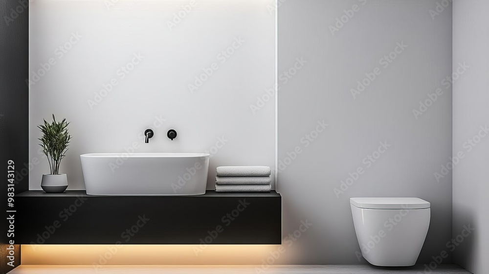 Minimalist bathroom with soft lighting, black accents, and white tiles, minimalist bathroom, modern contrast Minimalist bathroom with soft lighting, black accents, and white tiles, minimalist bathroom, modern contrast