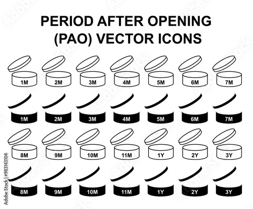 PAO or Period after opening vector eps solid black fill icons set. Round cylinder with cap opened reflecting expired period in months and years signs for mockup, cosmetic and product packaging 