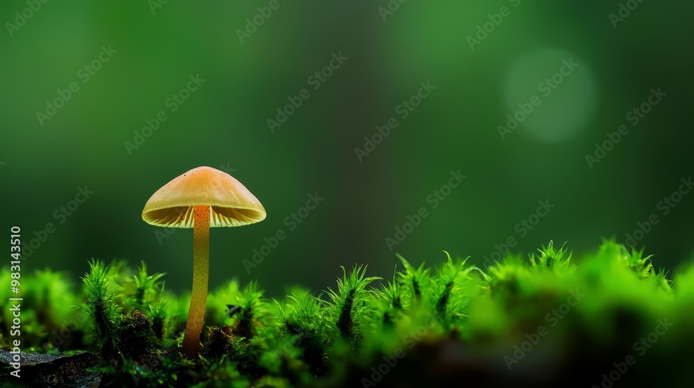 A tiny yellow mushroom sits atop a forest floor blanketed in green moss and adorned with abundant lichen A tiny yellow mushroom sits atop a forest floor blanketed in green moss and adorned with abundant lichen