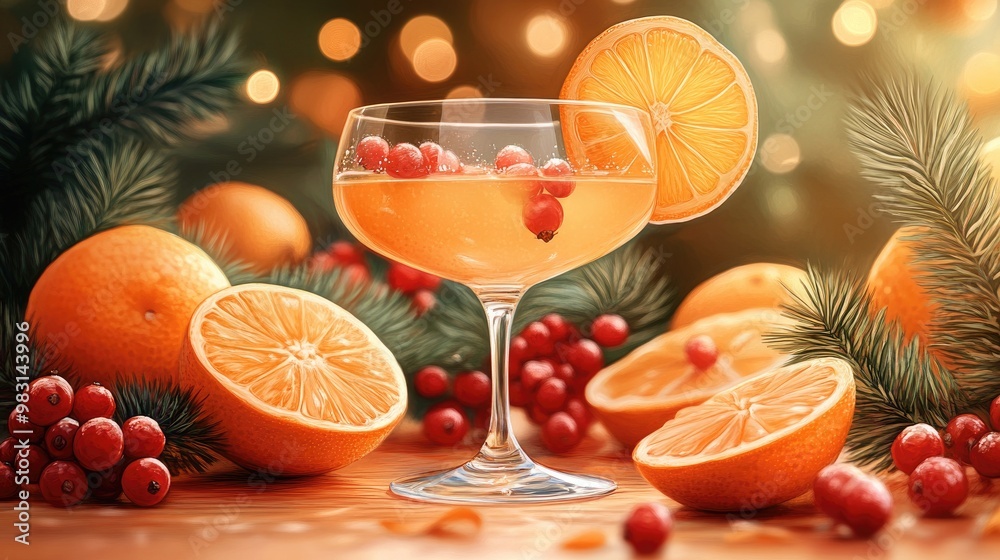 Festive Holiday Cocktail with Oranges and Berries in Elegant Glass Festive Holiday Cocktail with Oranges and Berries in Elegant Glass