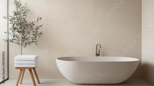 Neutral bathroom with light beige walls and a freestanding tub, modern minimalist style, minimalist bathroom, calming tones