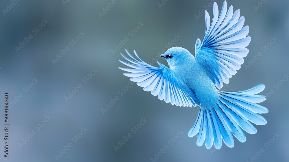 A blue bird flies in the air with spread-out wings A blue bird flies in the air with spread-out wings