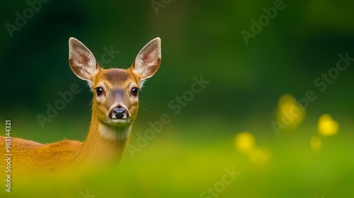  A tight shot of a deer's face amidst a field of grass and yellow flowers in the foreground