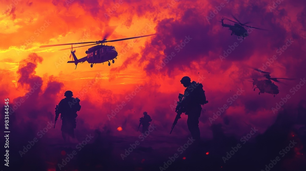 Fototapeta premium Dramatic Military Scene with Helicopters and Soldiers at Sunset