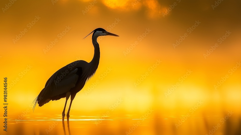 Naklejka premium A large bird atop a water body, framed by a yellow and orange sunset with clouds
