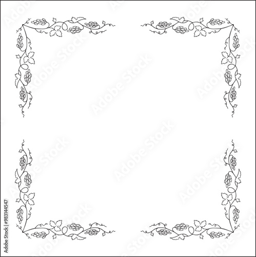 Vegetal  frame with grapevine, decorative corners for greeting cards, banners, business cards, invitations, menus. Isolated vector illustration.	