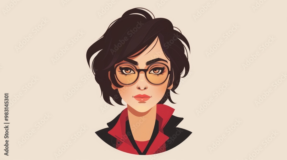 Elegant flat design of young woman with short hair and glasses looking at camera against light background. Elegant flat design of young woman with short hair and glasses looking at camera against light background.