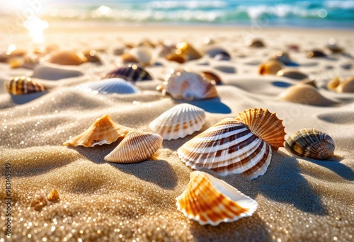 colorful seashells spread across bright sunny beach soft sand clear blue sky, ocean, coast, seaside, summer, texture, sandcastle, wave, tropical, nature