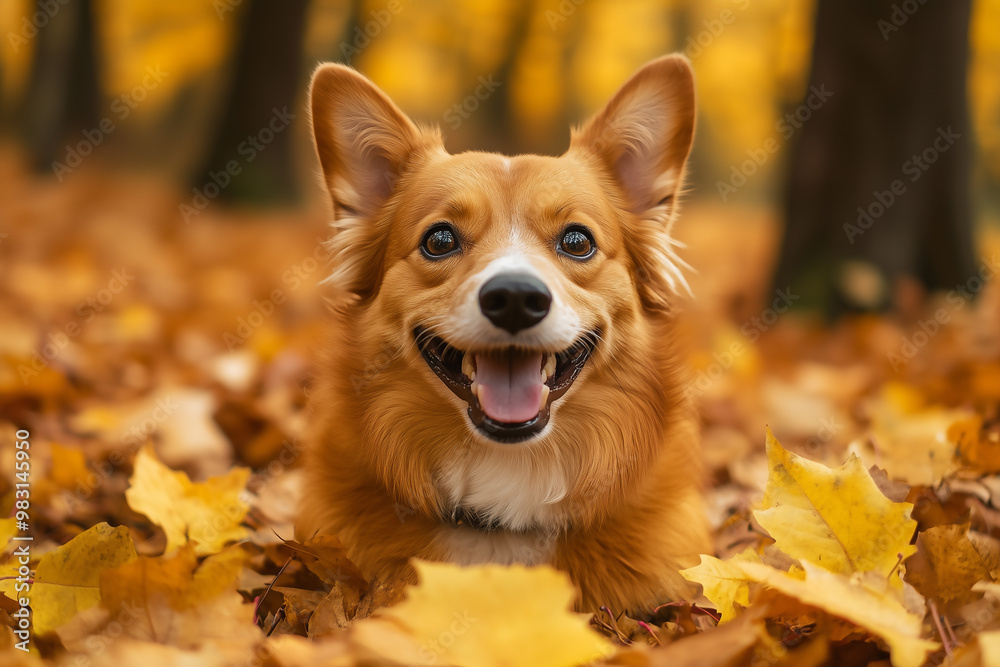 A cute dog playing in the pile of autumn leaves in the forest. A cute dog playing in the pile of autumn leaves in the forest.