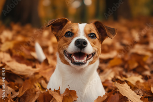 A cute Jack Russell Terrier dog playing in the pile of autumn leaves in the forest.