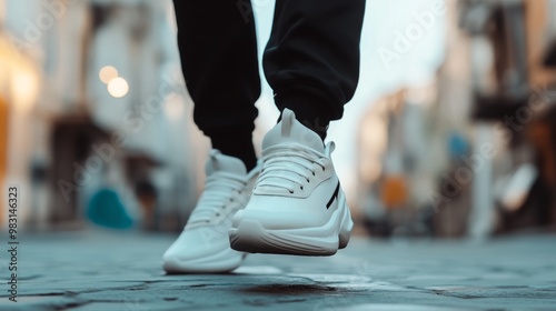 A man wearing sport sneakers on street . Men's sports shoes 