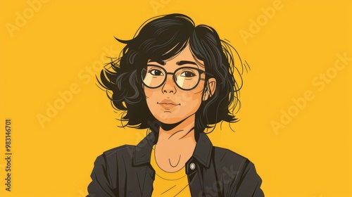 Flat design of young woman with glasses and short hair looking at camera with stylish and confident expression on yellow background.