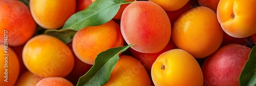  A tight shot of multiple peaches with leaves atop and beneath