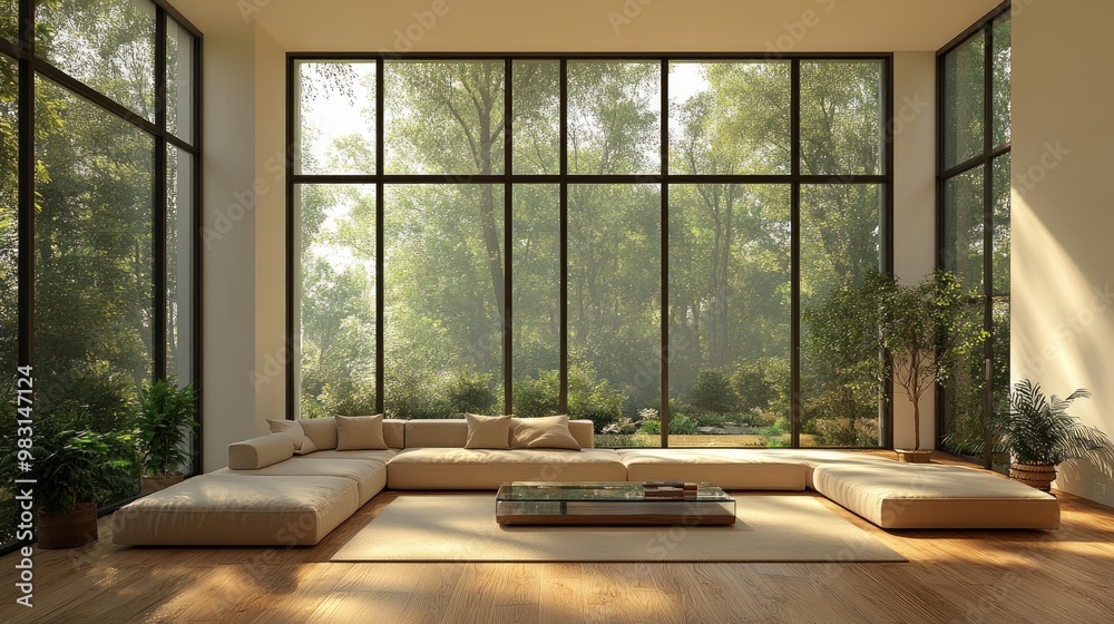 Modern Minimalist Living Room with Floor-to-Ceiling Windows Overlooking Lush Greenery Modern Minimalist Living Room with Floor-to-Ceiling Windows Overlooking Lush Greenery