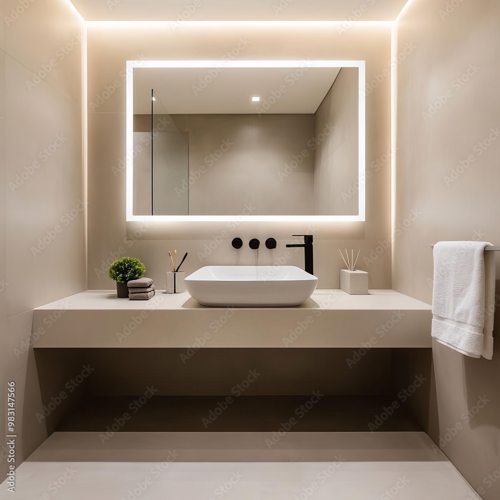 Neutral minimalist bathroom with oversized round mirror, recessed lighting, minimalist bathroom, modern sophistication Neutral minimalist bathroom with oversized round mirror, recessed lighting, minimalist bathroom, modern sophistication