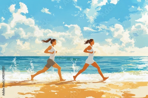 Two Women Jogging on a Sunny Beach with Blue Skies and Ocean Waves in the Background