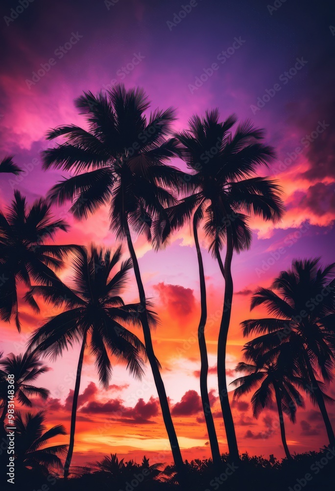 vibrant palm silhouette set stunning sunset backdrop rich hues purple sky, colors, orange, pink, horizon, outline, tree, nature, landscape, scenery, beauty