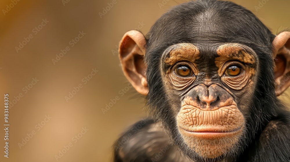A monkey's face in close-up, expressing surprise, against a blurred background A monkey's face in close-up, expressing surprise, against a blurred background