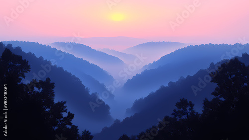 Illustration, Serene mountain vista, soft sunrise hues, misty valleys, warm glow